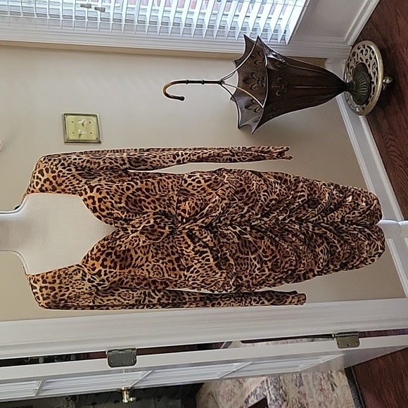 Symphony+ brown gold leopard print dress long slv ruched Vneck openback 3XL New… - Picture 1 of 8